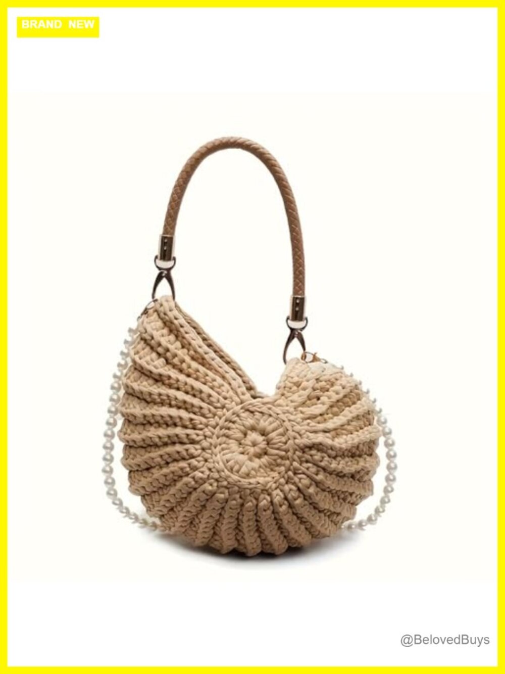 Handmade Woven Crochet Seashell Bag with Pearl Strap for Summer Beach